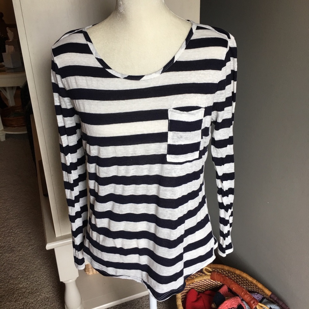 Blue and cream striped shirt with wide neck